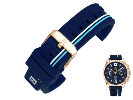 Oryginalny granatowy pasek gumowy do zegarka Tommy Hilfiger 1791474 z klamrą w kolorze różowego złota